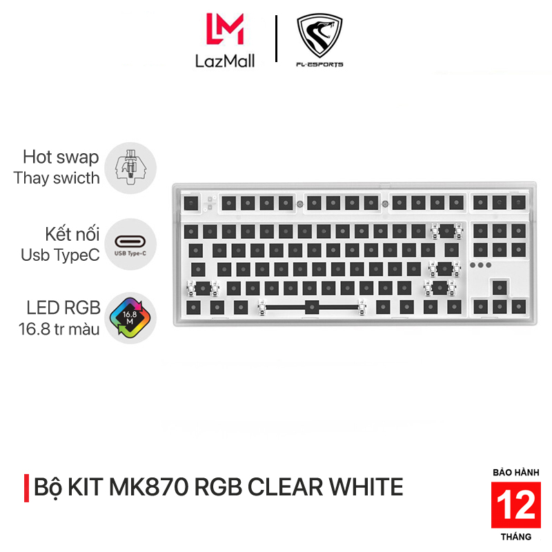 Bộ KIT bàn phím cơ FL-Esports MK870 RGB Clear White - Mạch xuôi - Sẵn foam - Hàng chính hãng