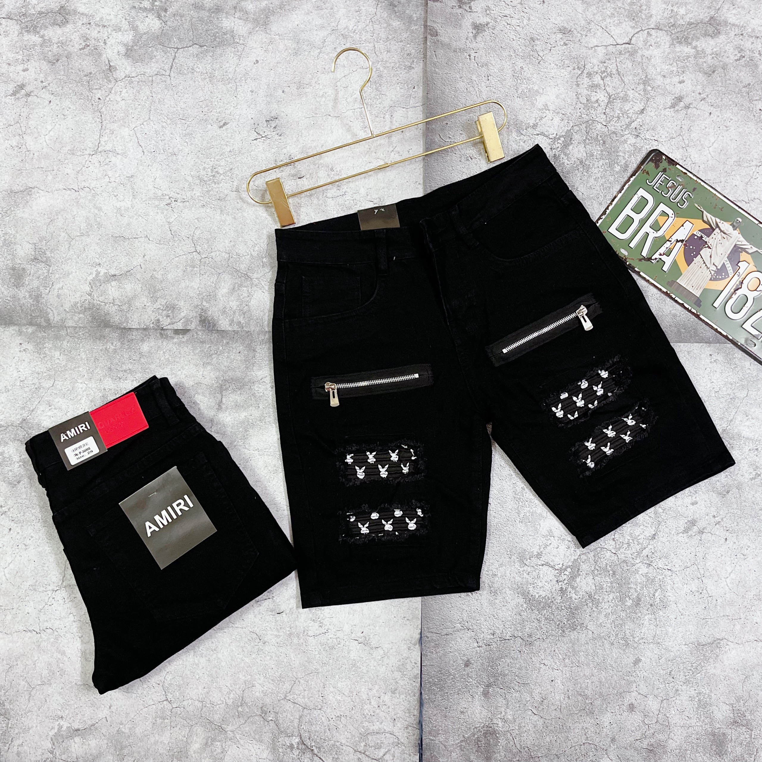 (có video) Quần short jean nam amiri thỏ mix khóa kéo  rách nhẹ quần có dãn chuẩn đẹp vải dày dặn như hình