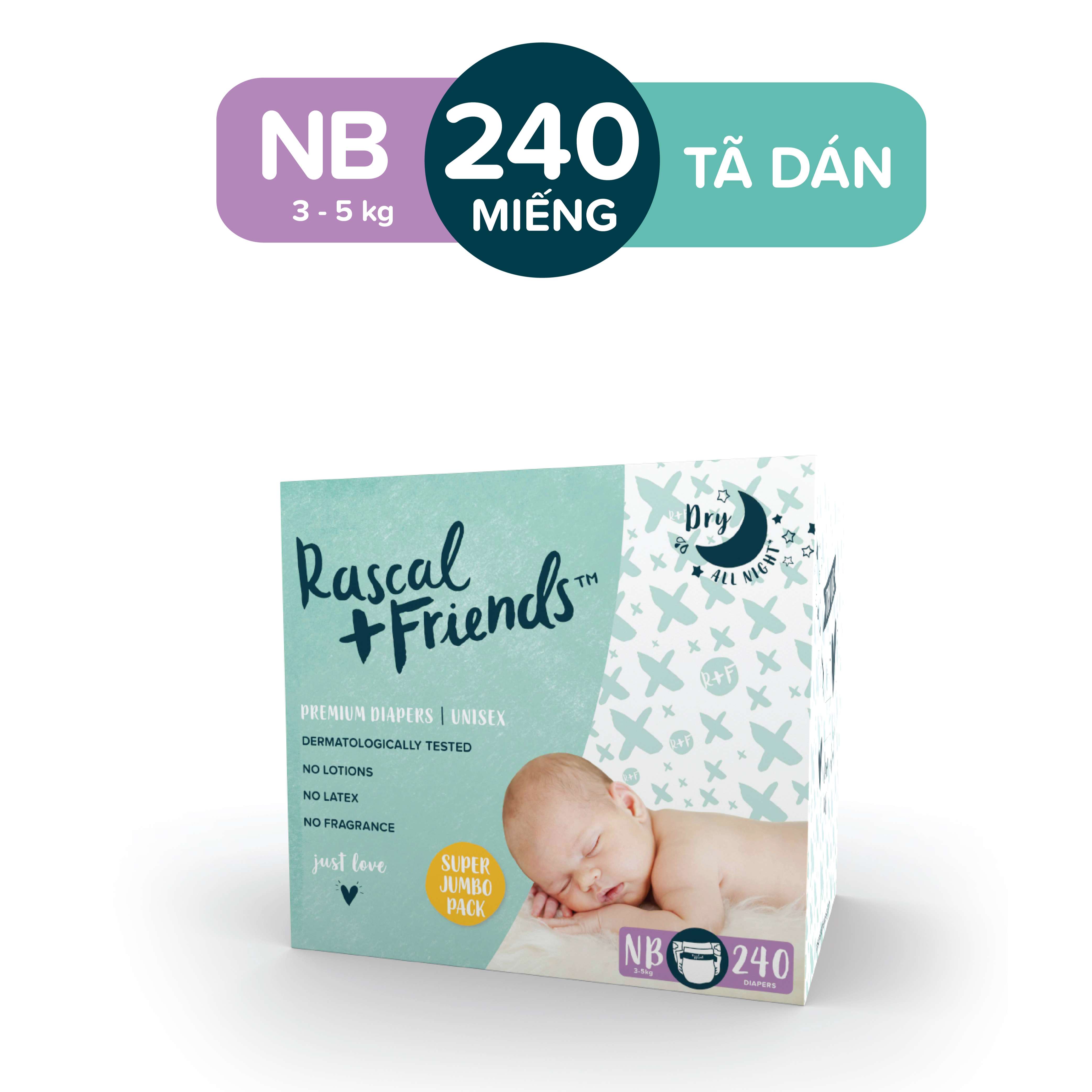 Thùng 3 bịch Tã/Bỉm Dán Rascals Size NB (3-5kg) 240 miếng