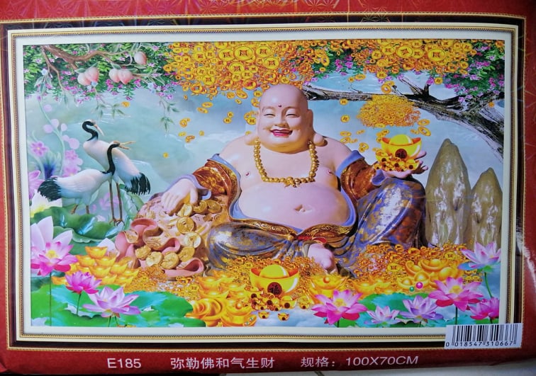 Tranh thêu chữ thập Phật Di Lặc thêu full E185