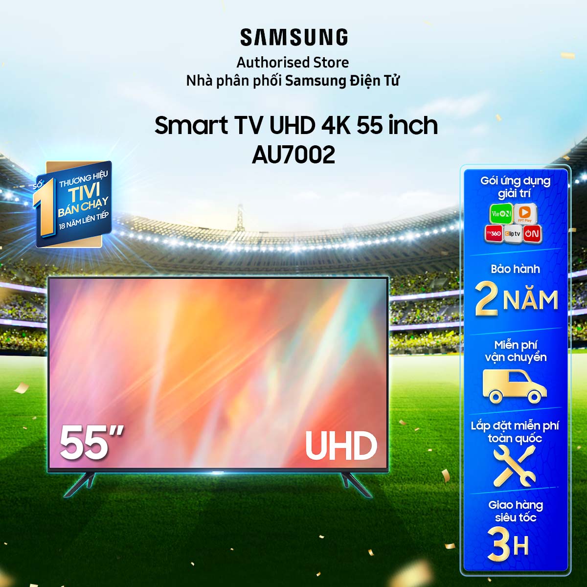 [Giao hàng và lắp đặt nội thành phố HCM trong 2 giờ] 55AU7002 - Smart Tivi Samsung 4K 55 inch UA55AU7002 UA55AU7002KXXV
