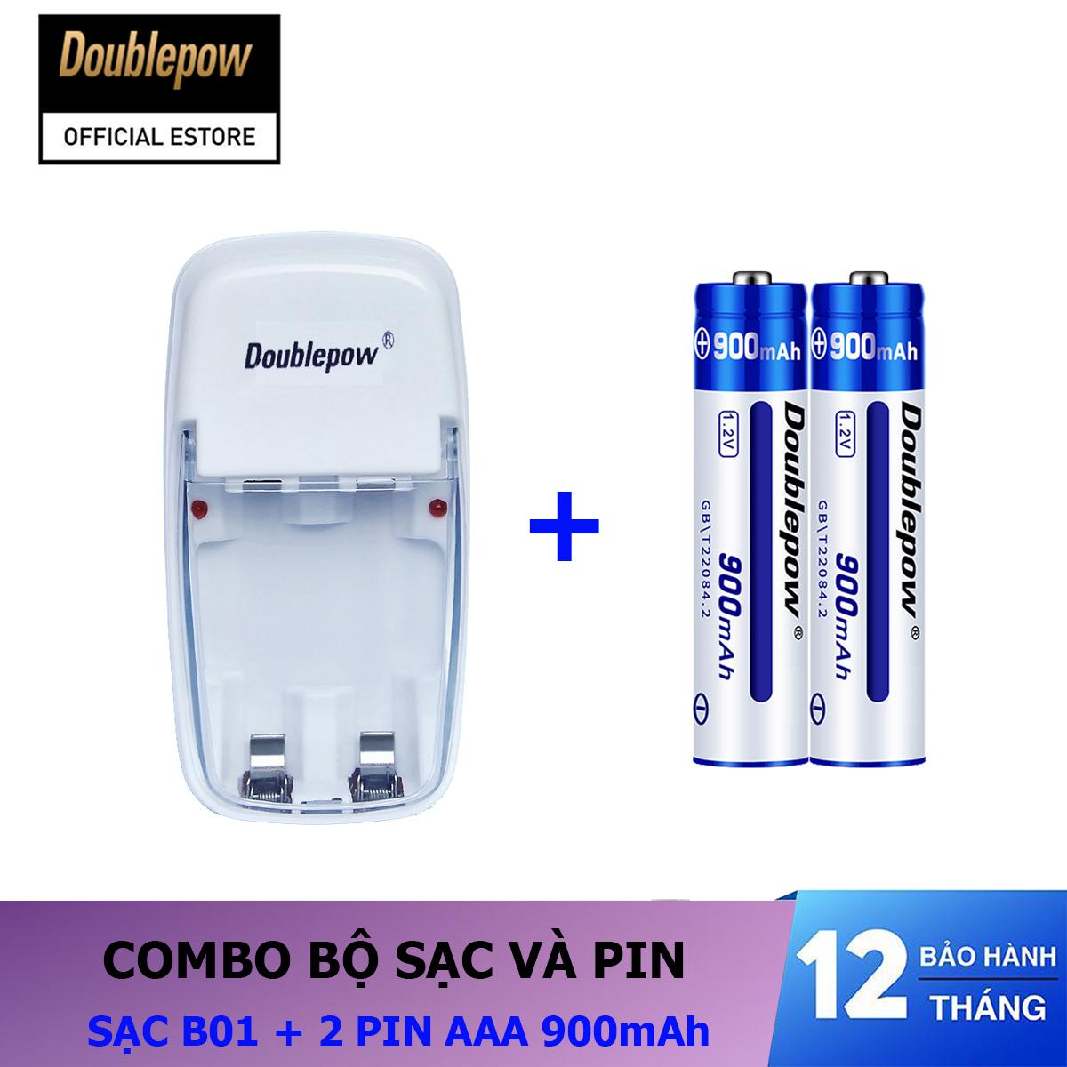 Combo sạc pin 2 cổng B01 và Hộp 02 viên pin sạc AAA 900mAh - Doublepow