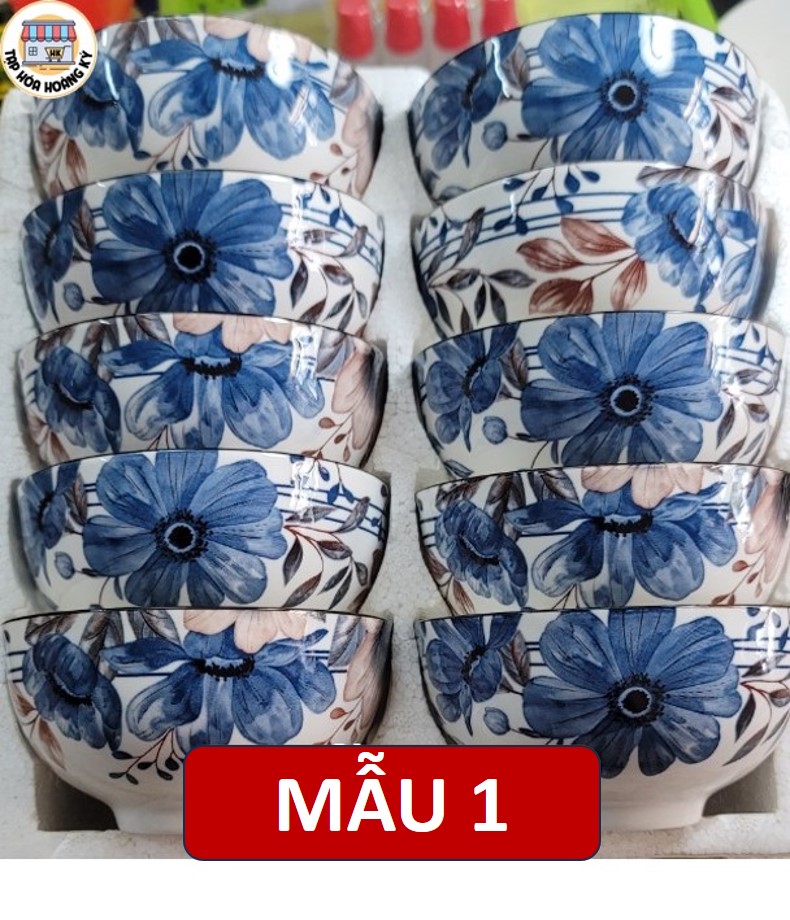Bộ 10 Chén gốm sứ ăn cơm hoa văn 4D viền miệng chén ( không hộp Mousse)