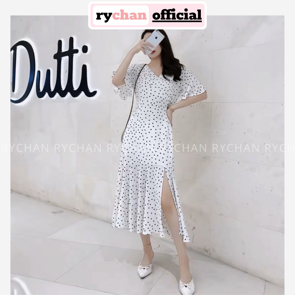 [HCM]Sleeve Maxi Dress with Dots Fishtail Flared Sleeveless Flared Tall Underline - DM013