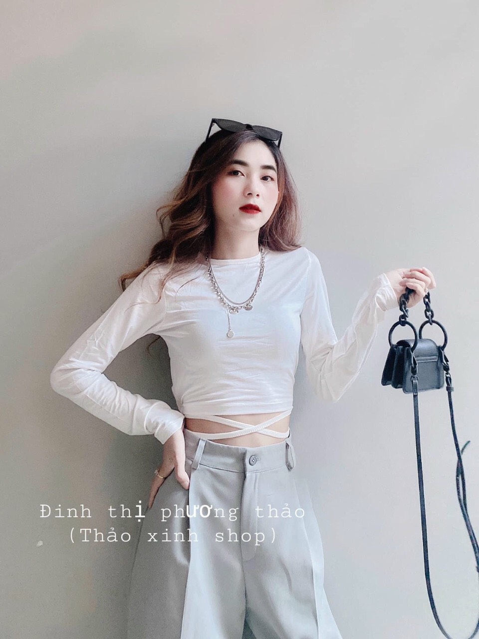 Áo kiểu croptop tay dài cột dây eo cực xinh , chất thun lụa mềm mịn mát