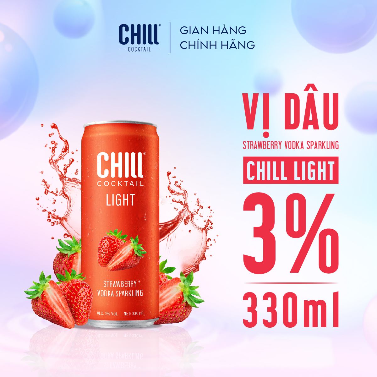 Thùng 24 lon nước Cocktail Chill vị Dâu Vodka 330ml/lon (độ cồn 3%)