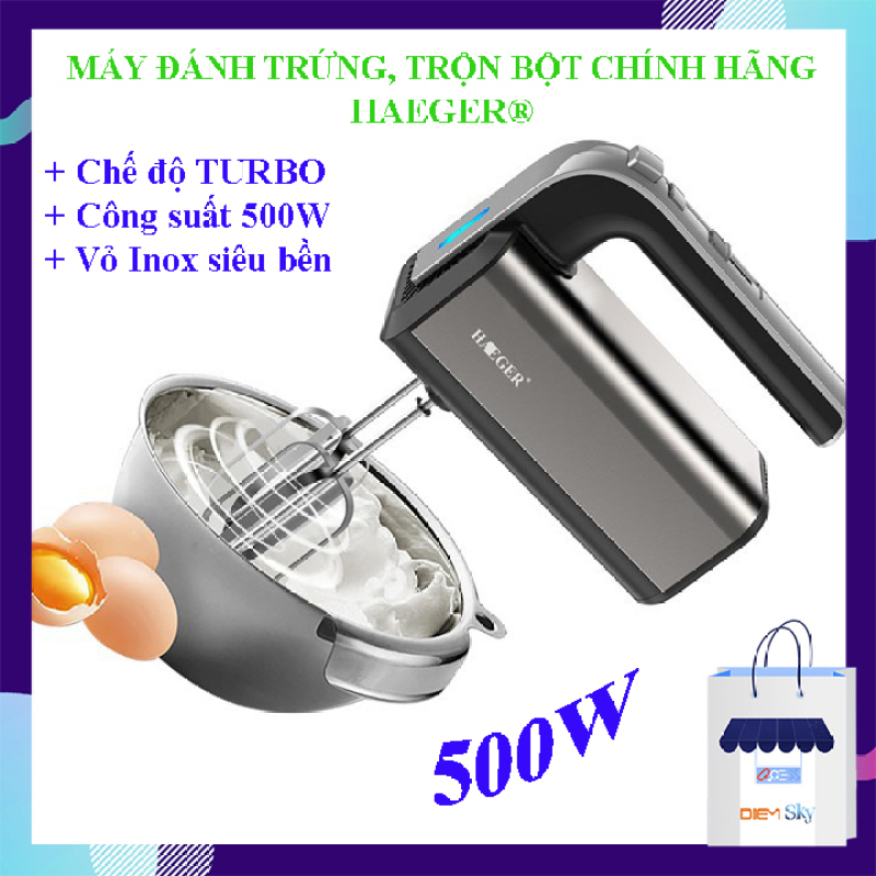 Giá bán Máy đánh trứng cầm tay HAEGER Turbo 500W, 5 tốc độ chính hãng, vỏ inox sáng bóng bền đẹp, máy đánh trứng, trộn bột, đánh kem... bảo hành 1 năm