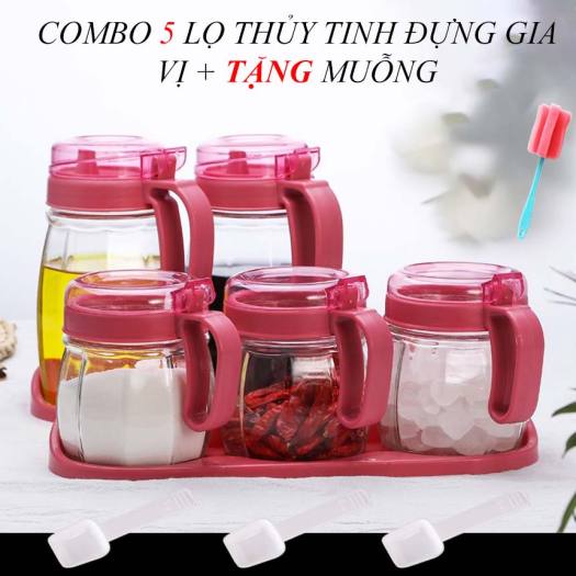 Bộ 5 Lọ Đựng Gia Vị 5 Món Gồm 2 Bình Rót Và 3 Hũ Đựng Gia Vị Thuỷ Tinh Nhà Bếp Có Tay Cầm Tiện Dụng