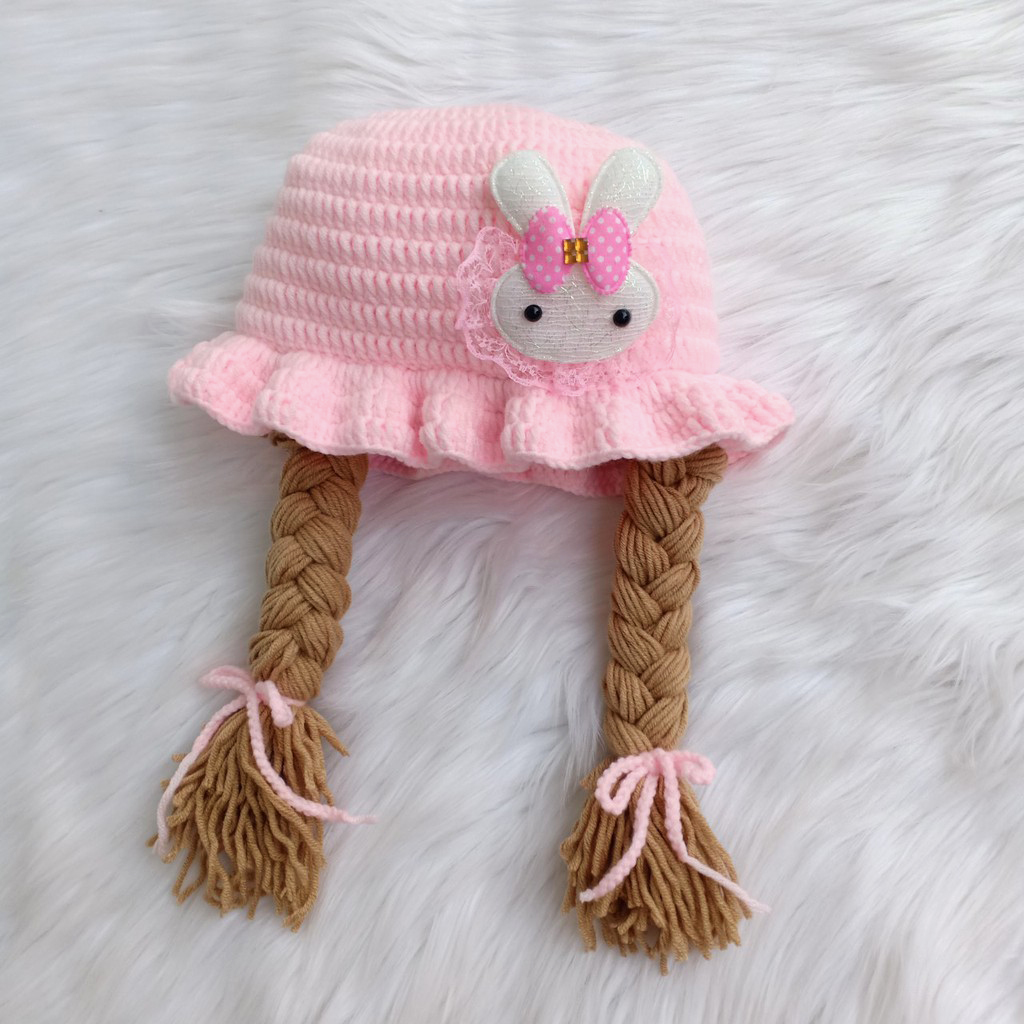 Nón len có 2 bím tóc cute cho bé gái