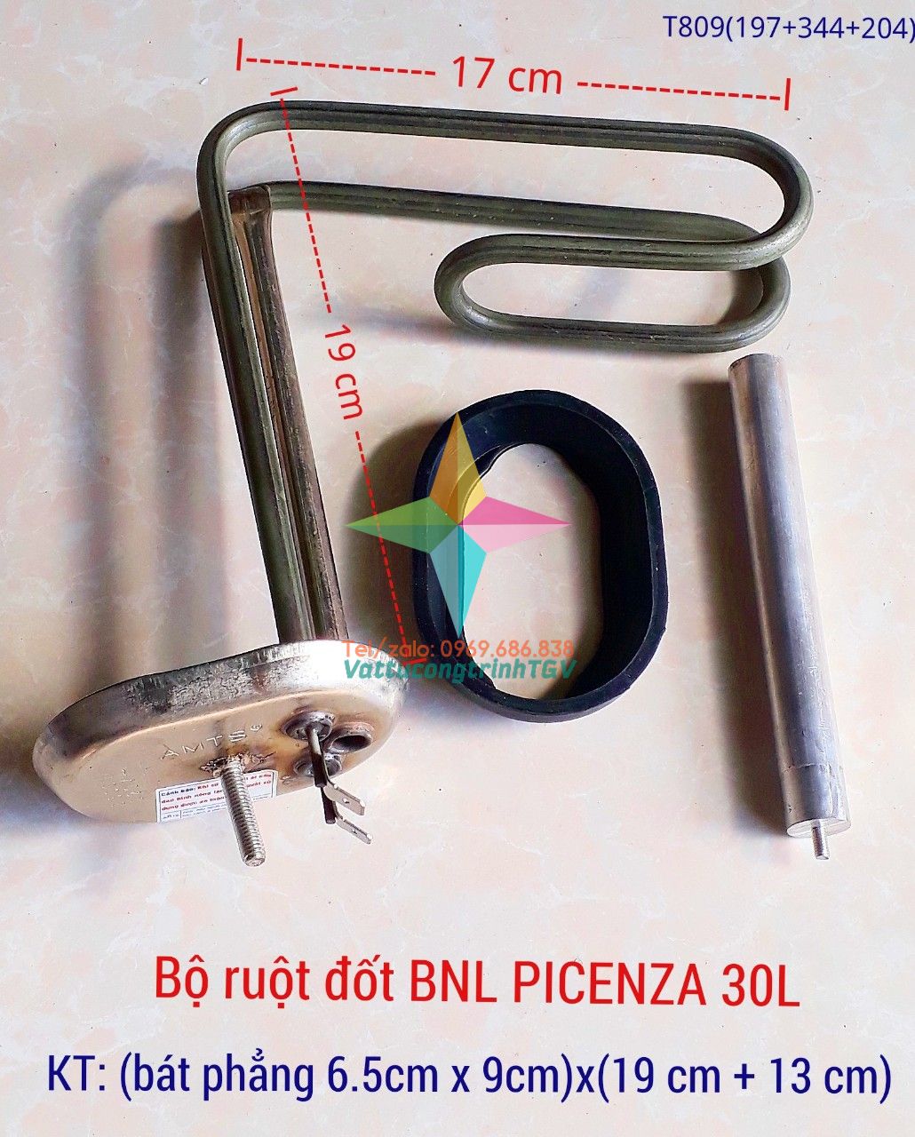 Bộ ruột đốt Bình nóng lạnh PICENZA 30L bát 6,5cm x 19cm+17cm + Zoăng + Thanh magie 3mm(197+344+204)