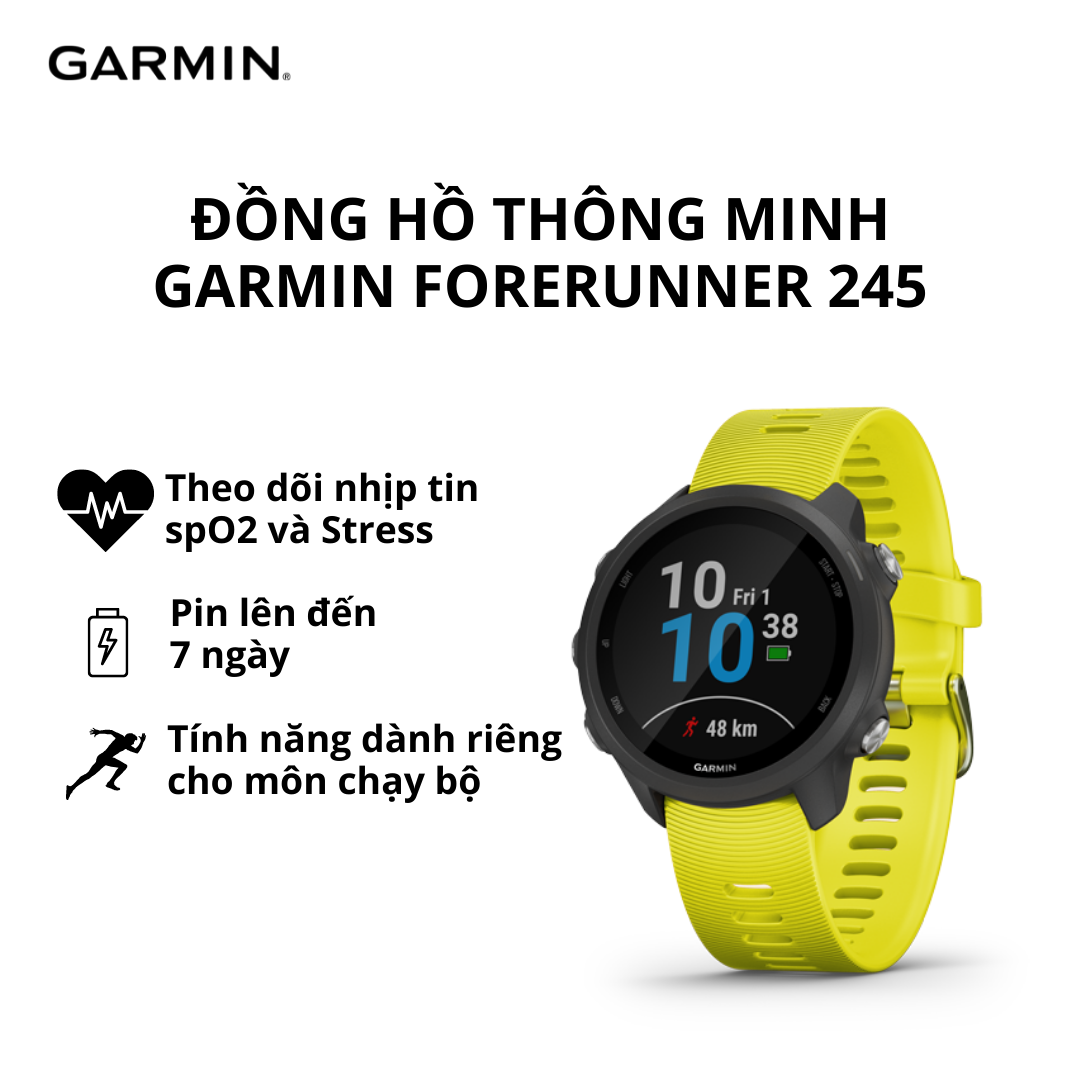 Đồng hồ thông minh Garmin Forerunner 245, GPS, Đo spO2, Theo dõi nhịp tim - Hàng chính hãng