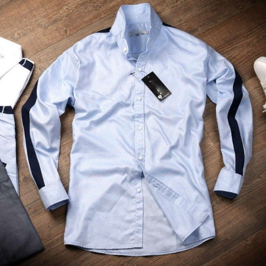 Áo sơ mi nam dài tay màu xanh phối viền đen tay áo phong cách Hàn Quốc thời trang PONIVALAZA cao cấp  ( KÈM ẢNH THẬT)