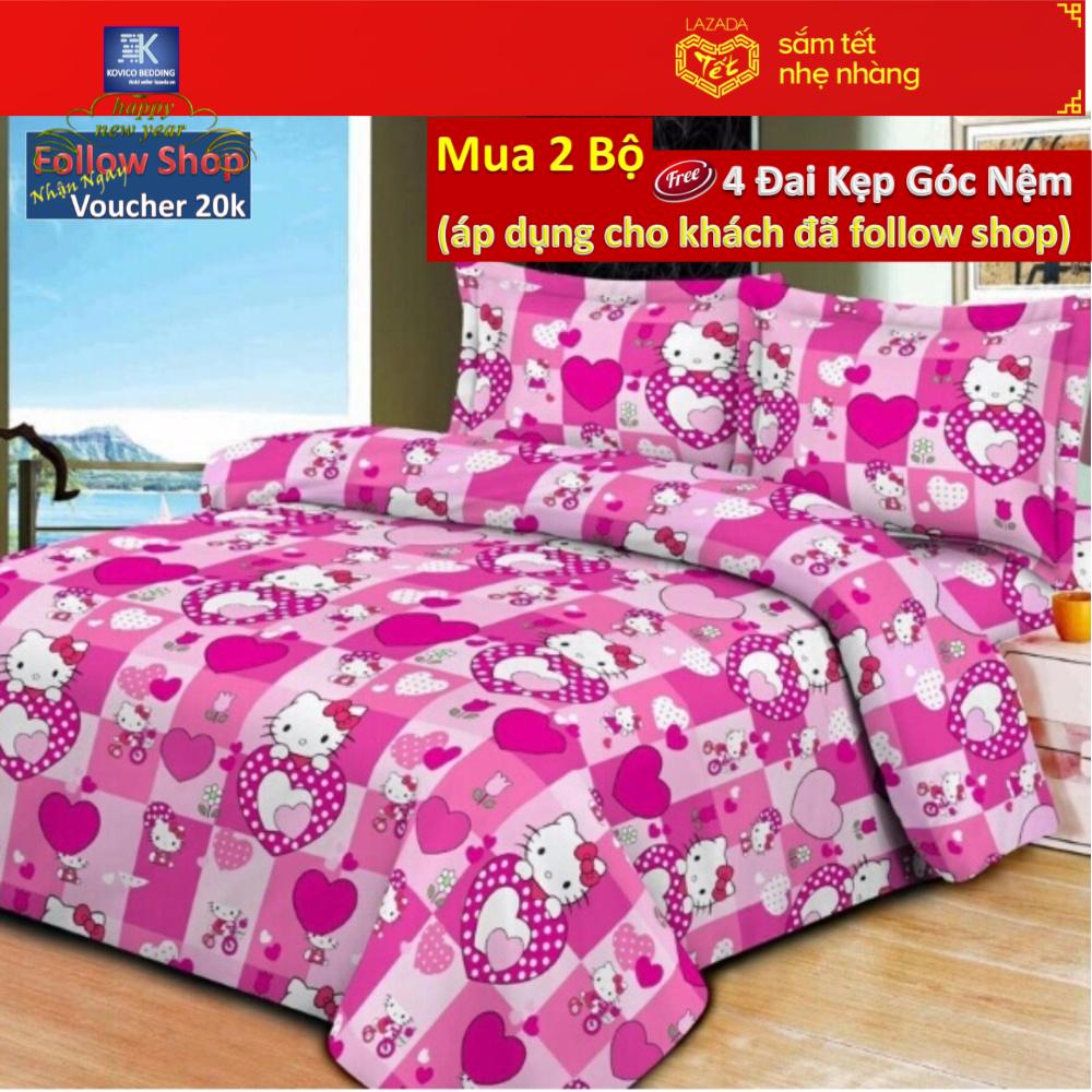 (FreeShip MAX) Bộ ga giường Kitty tim kẻ 160x200cm ( Dành cho nệm cao dưới 12cm)
