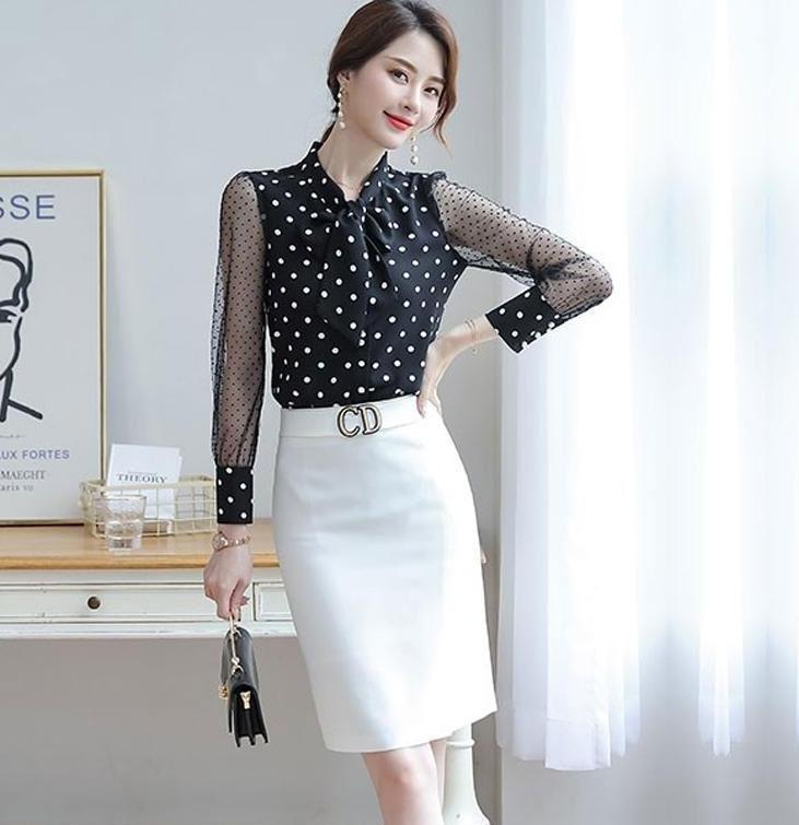 ÁO SƠ MI NỮ CHẤM BI TAY PHỐI LƯỚI CAO CẤP