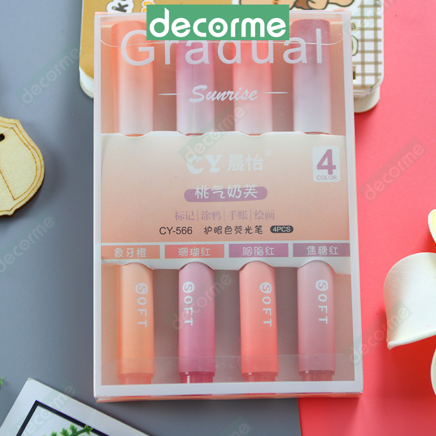 Bút Highlight Decorme Set Bút 4 màu Bút đánh dấu highlight Ngòi Mềm Màu Gradient Color