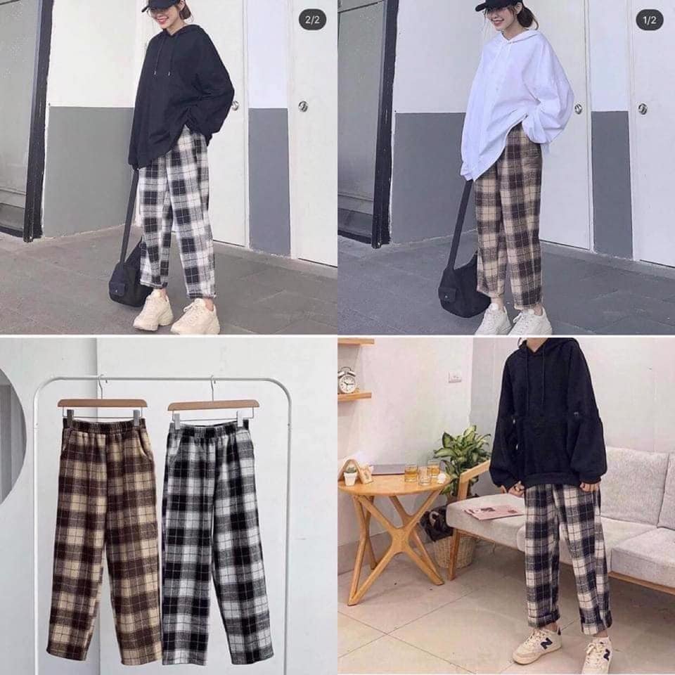 Quần ống rộng nữ Bape họa tiết kẻ caro đen, nâu cạp chun cao co giãn dáng