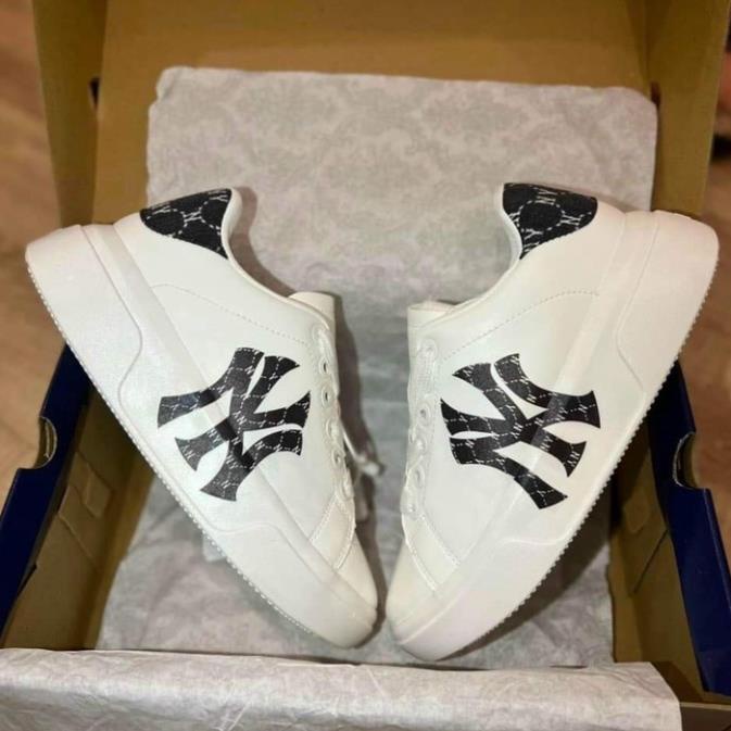 Giày thể thao nam nữ MLB NY trắng chữ đen họa tiết - Giày NY trắng nam nữ độn đế cao cấp hot trend 2022 Full Box