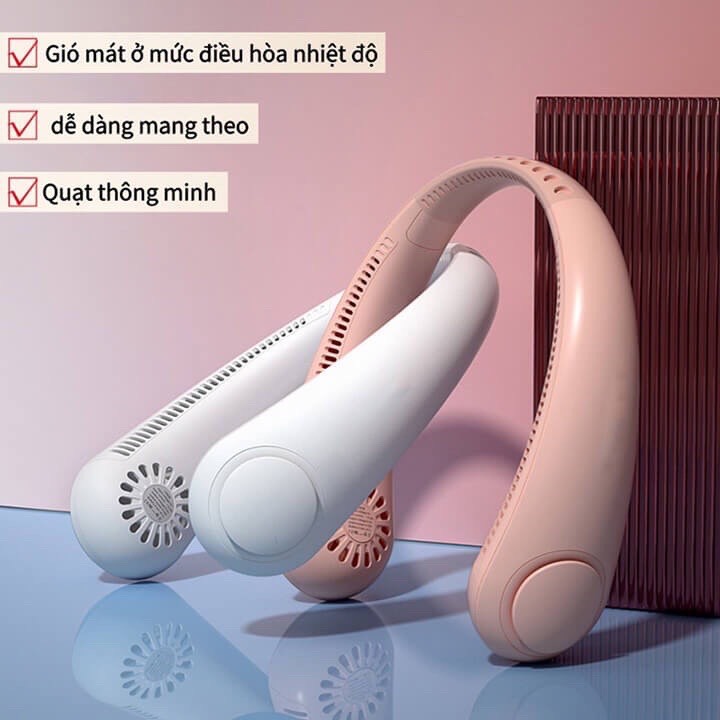 Quạt đeo cổ mini không cánh tích điện pin trâu 4000mAh, 3 cấp độ gió, kiểu dáng thời trang, quạt treo cổ siêu mát