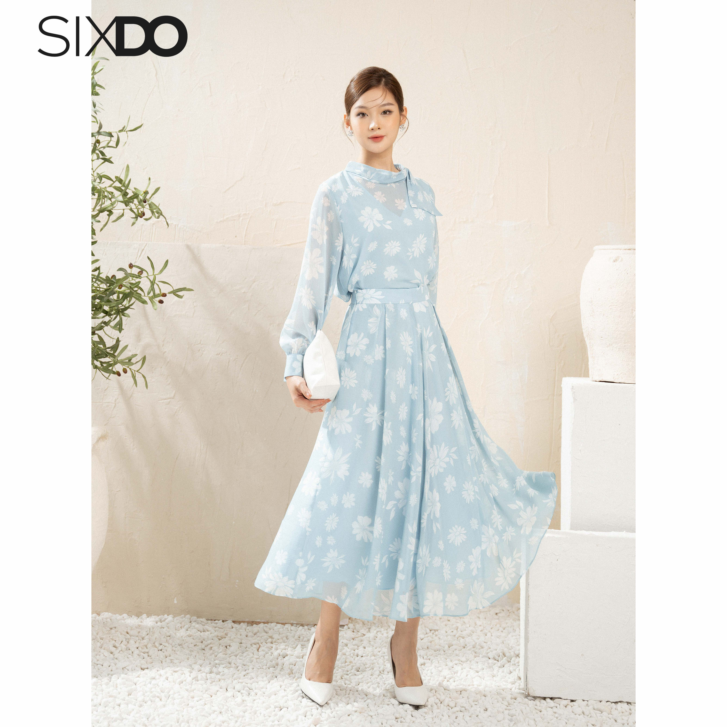 Chân váy voan hoa xếp ly SIXDO (Pleated Floral Midi Voile Skirt)