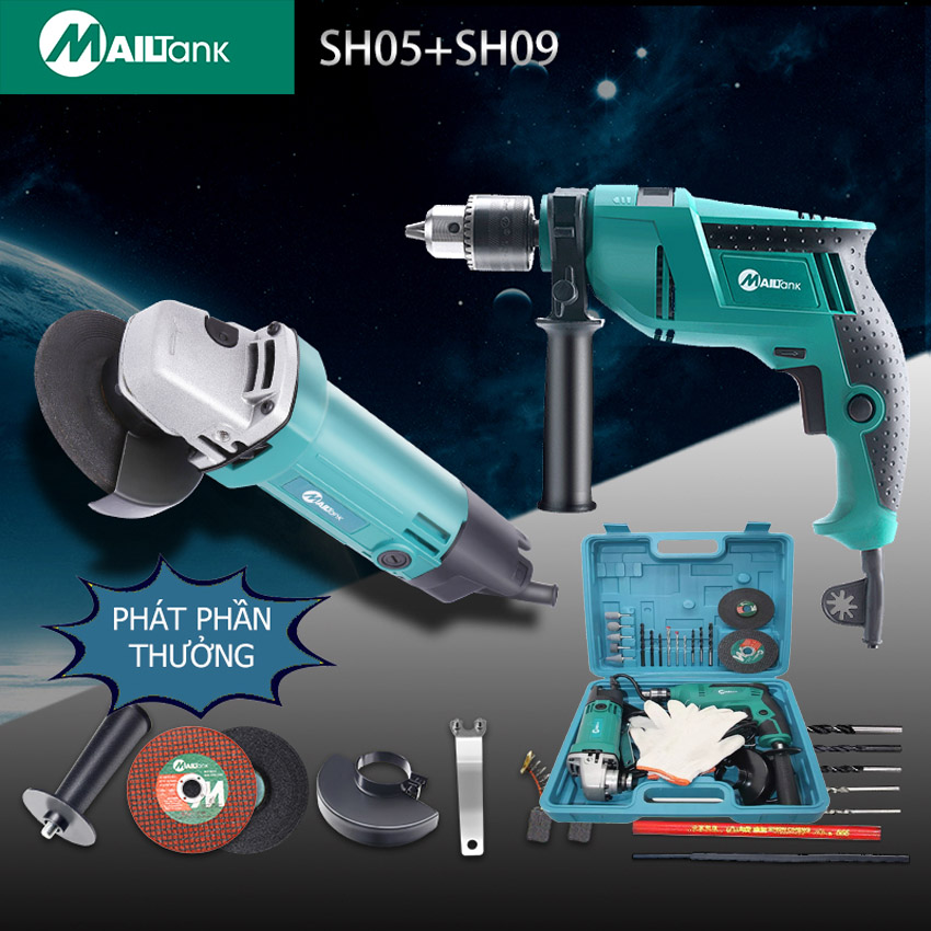 Bộ máy khoan + máy cắt mài cầm tay mailtank - Máy khoan đầu 13ly có chế độ đấm khoan tường, máy mài góc lưỡi 100 siêu tiện dụng | Tặng Vali nhựa + bộ phụ kiện