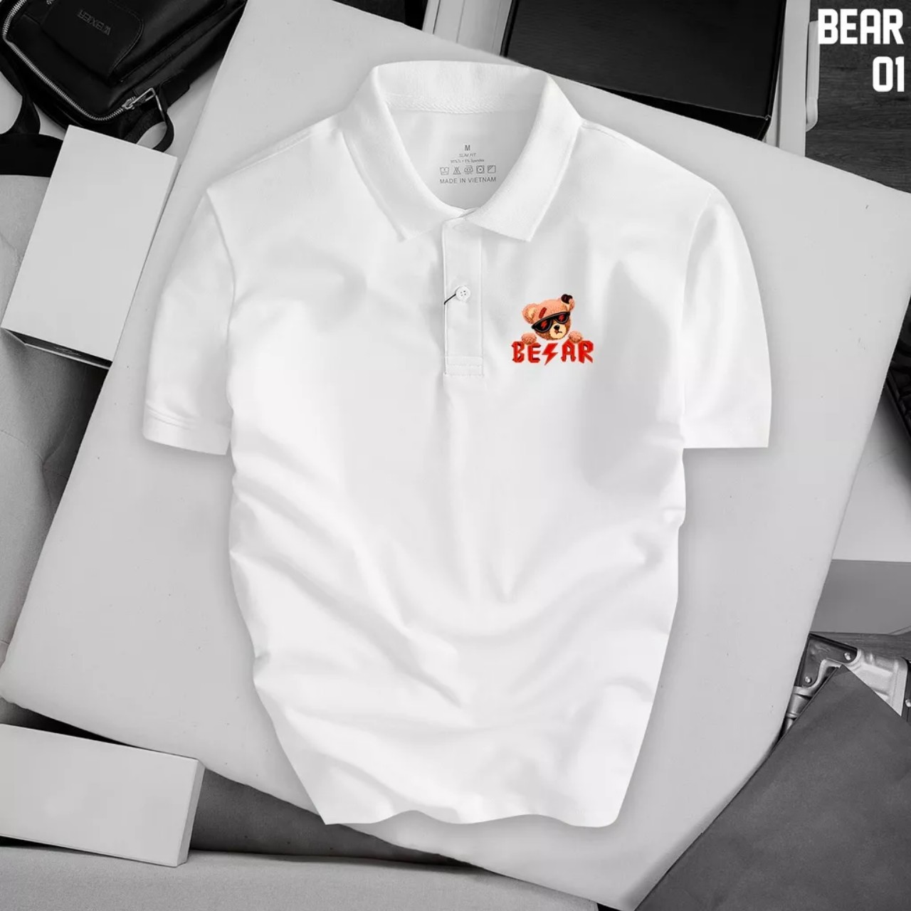 Áo thun cổ trụ cổ bâu GẤU BEAR(VẢI DA CÁ) - AOTHUNSN