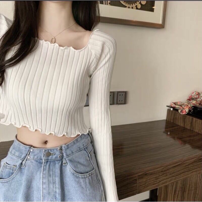 Áo len nữ dài tay mongtoghi trễ vai croptop hàng len QC