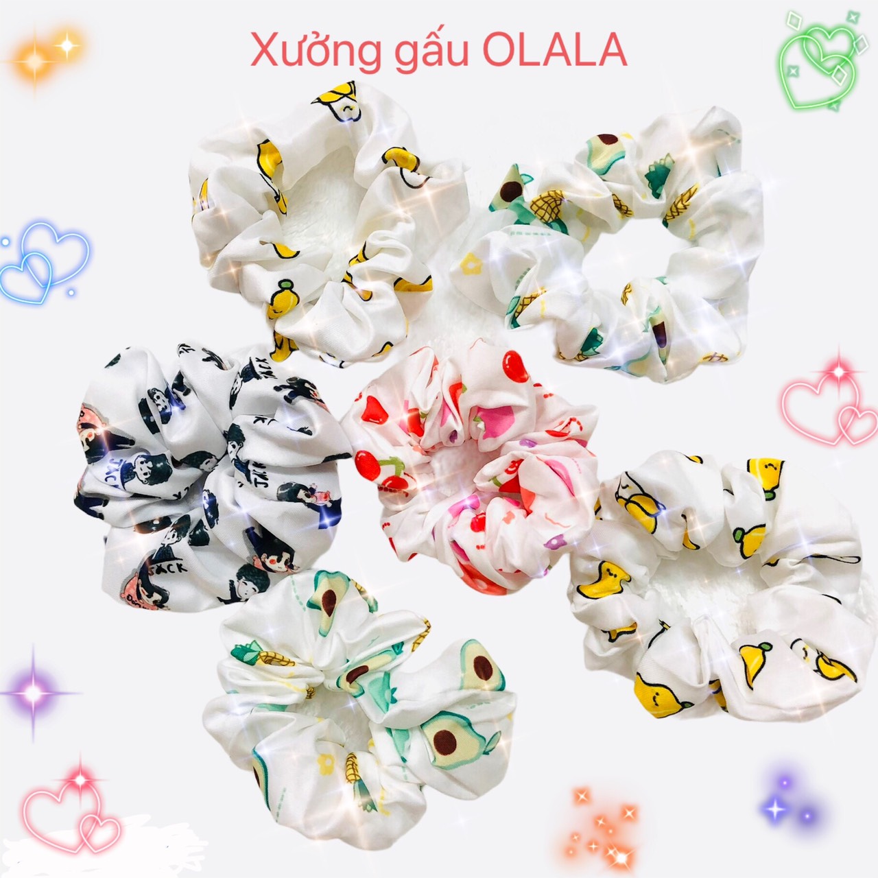 Cột tóc vải Scrunchies Họa Tiết Dễ Thương