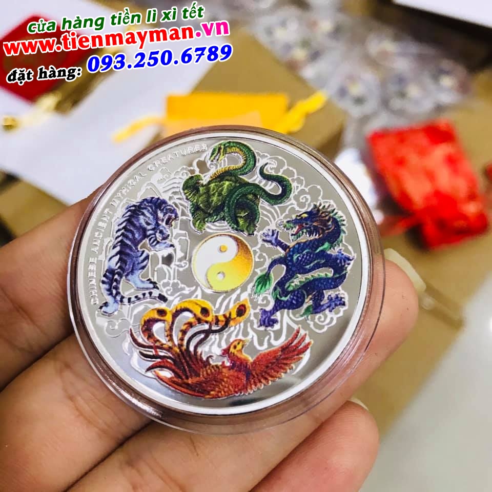 Xu tứ linh phong thuỷ tặng túi gấm, in hình màu 4 thần thú Long Lân Quy Phụng