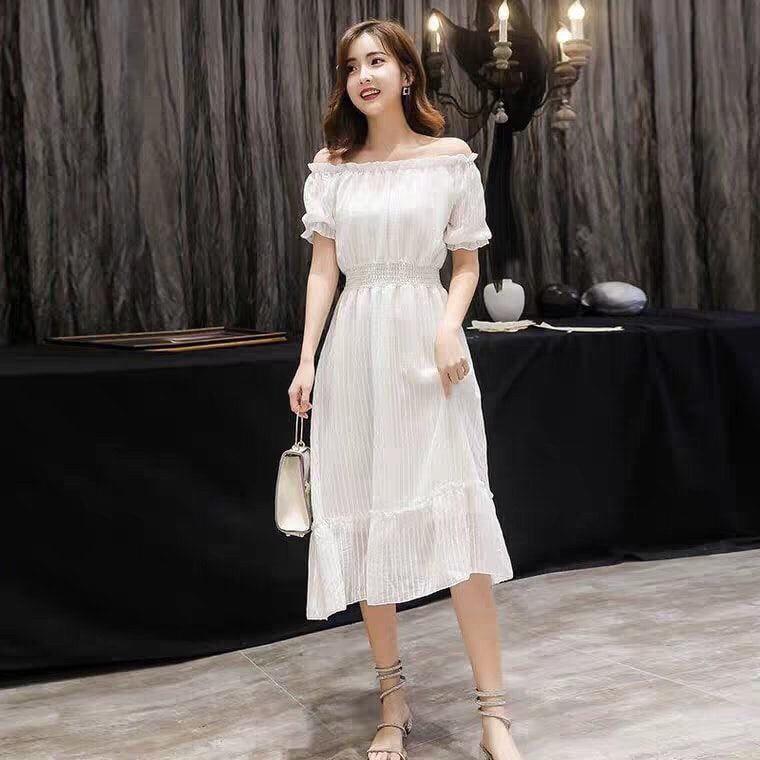 Đầm dự tiệc trễ vai vải cao cấp