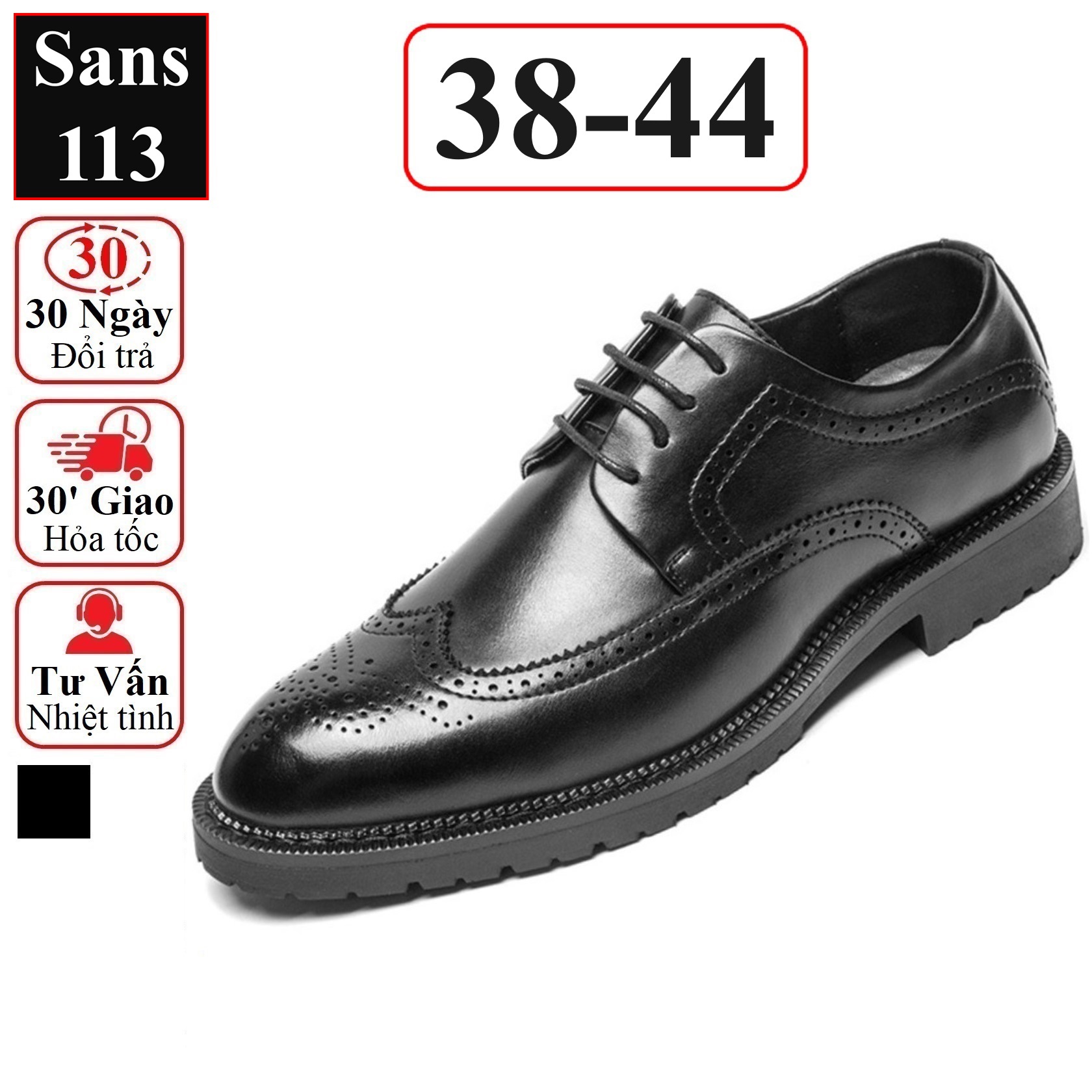 Giày oxford nam da bò thật cao cấp Sans113 giầy tây công sở đen mũi tròn âu buộc dây chú rể cưới brogue derby wingtip