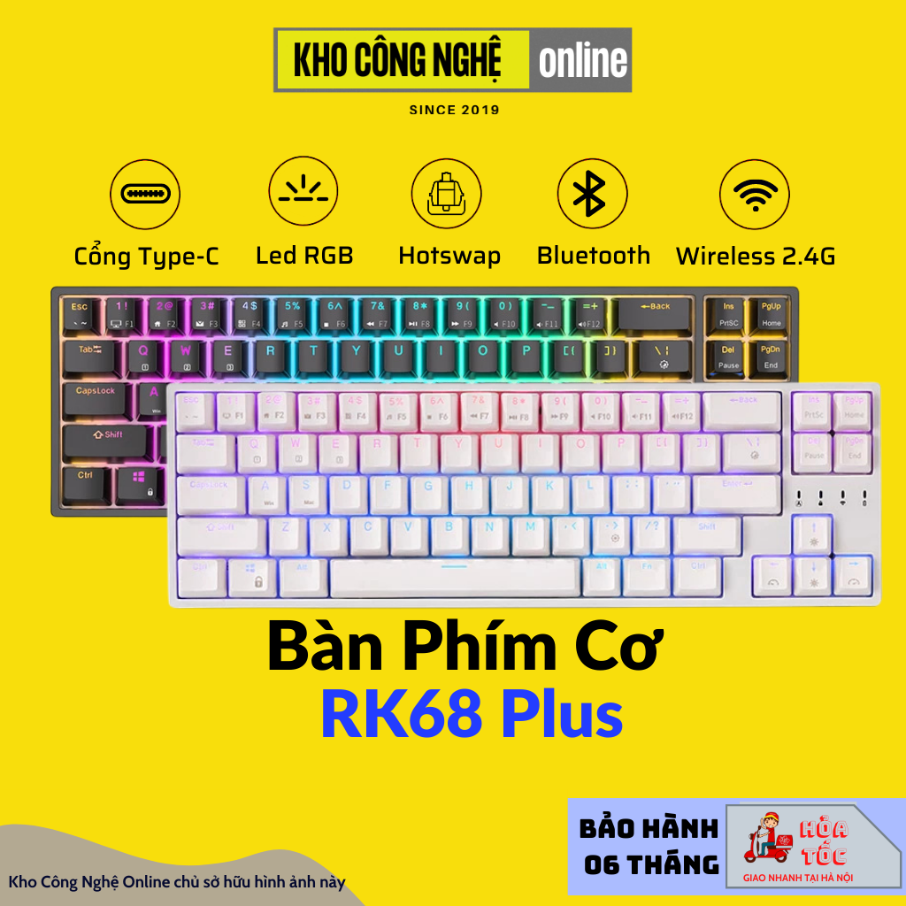 Bàn Phím Cơ RK68 Plus RGB - Bàn phím cơ RK68 Plus led RGB kết nối 3 chế độ - Bluetooth 5.0 và Wireless 2.4G - Dây Type C