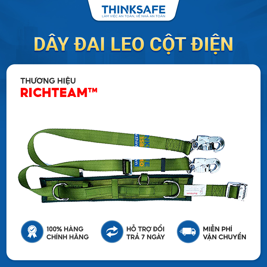 Dây đai an toàn điện lực Richteam, dây bảo vệ leo trụ điện, an toàn trên cao, 2 móc thép chắc chắn - Bảo Hộ Thinksafe