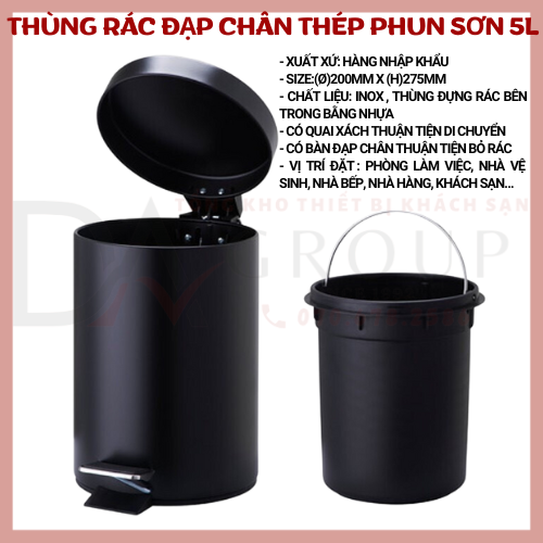 [HỎA TỐC HCM] THÙNG RÁC INOX ĐẠP CHÂN 5 LÍT MÀU ĐEN CAO CẤP