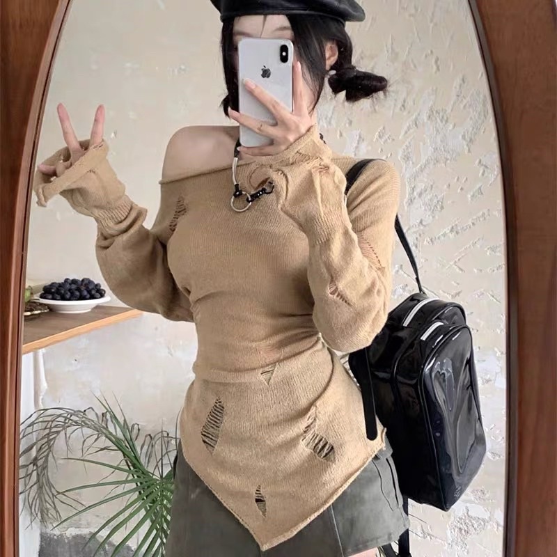 (Sẵn - Ảnh thật) ÁO LEN TAY DÀI RÁCH VẠT CHÉO | Sugarblingbling