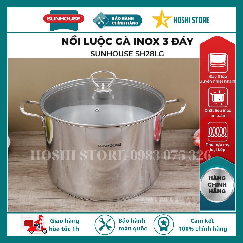 Nồi luộc gà inox 3 đáy sunhouse sh28lg, dùng cho mọi loại bếp
