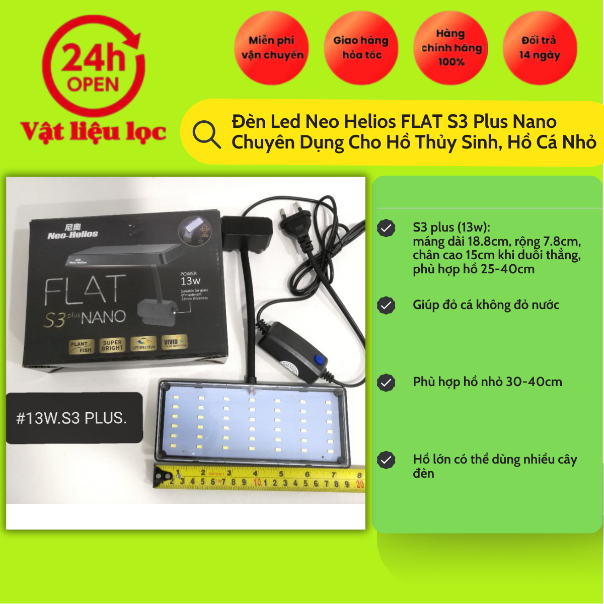 Đèn Flat Nano S3 Plus 13w Đỏ Cá Không Đỏ Nước dành cho bể cá