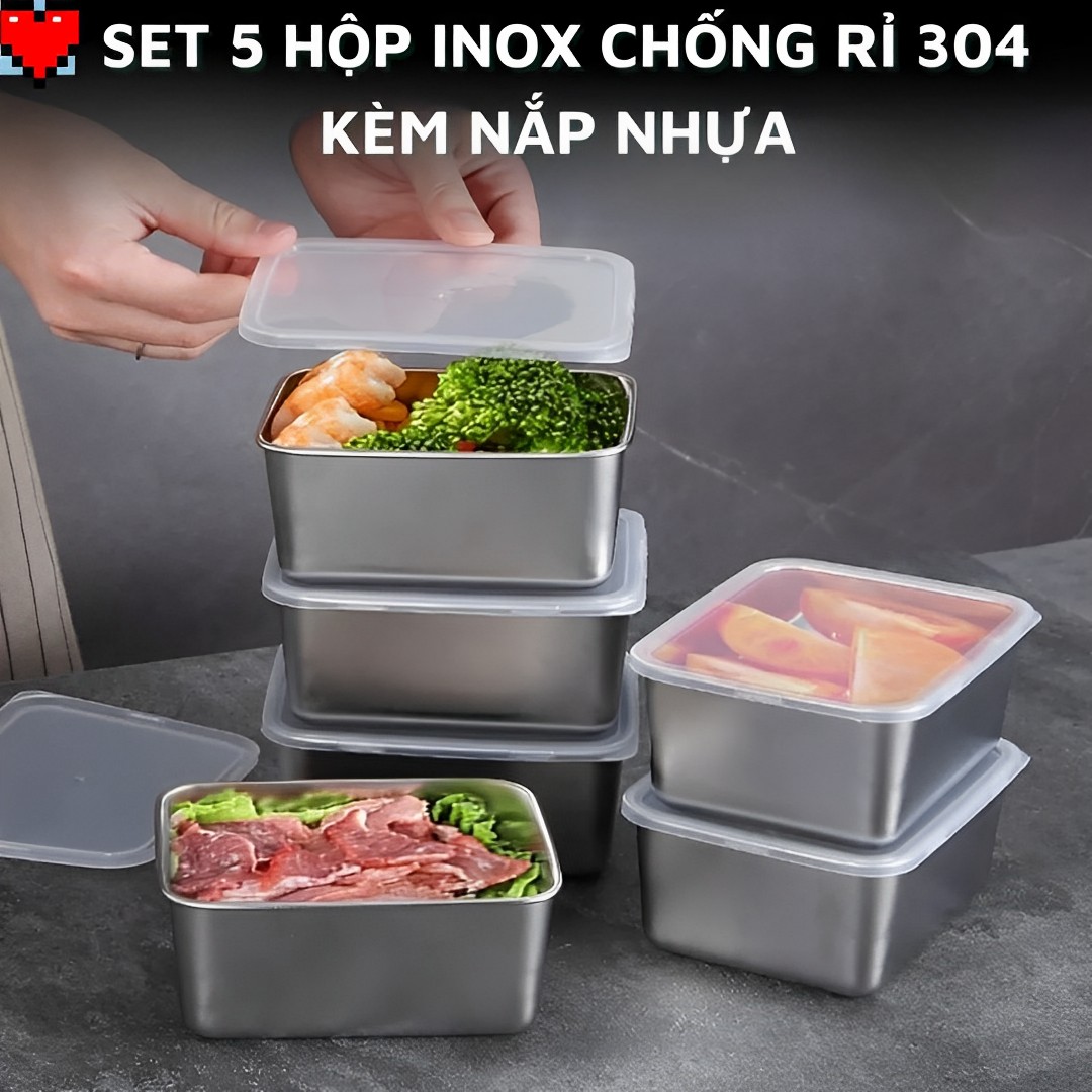 Set of 5 Anti-rust 304 Stainless Steel Boxes With Plastic Lid for Multi-Purpose Food Preservation