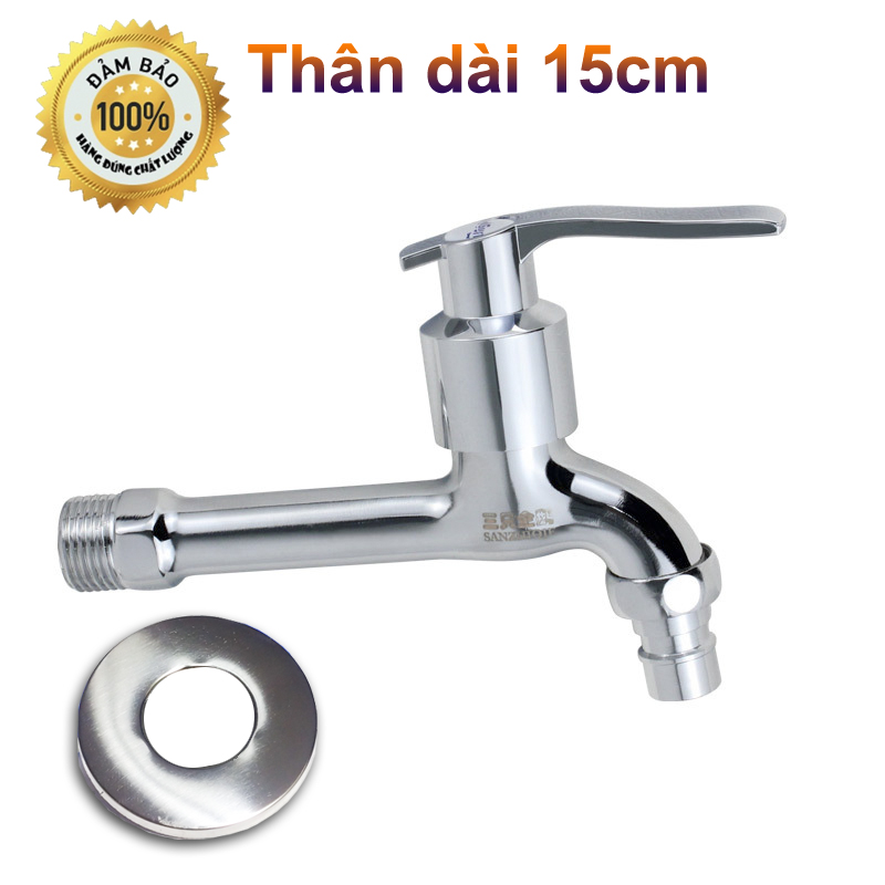 Vòi Xả Nước Thân dài 15cm, Thép mạ điện sáng bóng, Van lõi đồng siêu bền SAN15