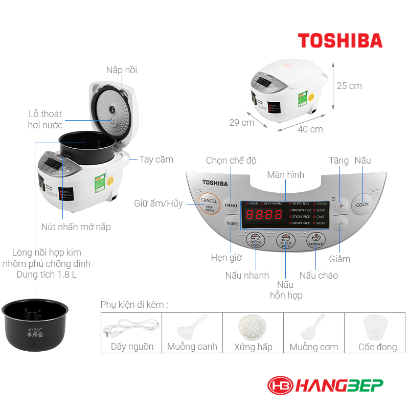 Nồi cơm điện tử Toshiba 1.8 lít RC-18DH2PV ( model mới 05.2020)
