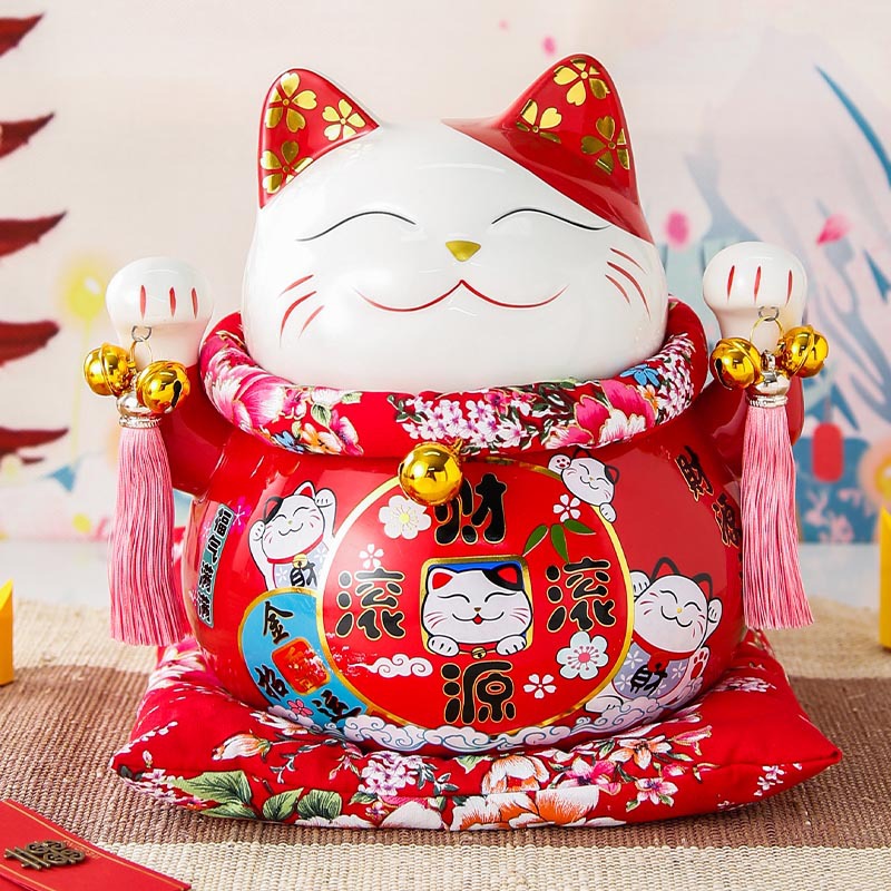 Mèo Thần Tài đỏ giơ 2 tay-Đa Phú Quý 18cm