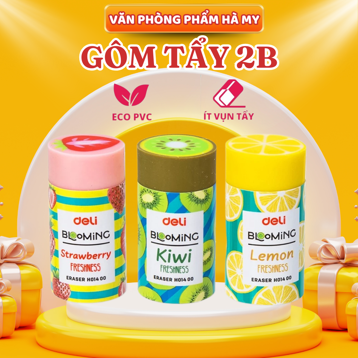 Combo 5 Cục Gôm Tẩy 2B Họa Tiết Hoa Quả Dễ Thương Kiwi/Dâu/Chanh Deli - EH01400 Tẩy Sạch Ít Vụn Tẩy