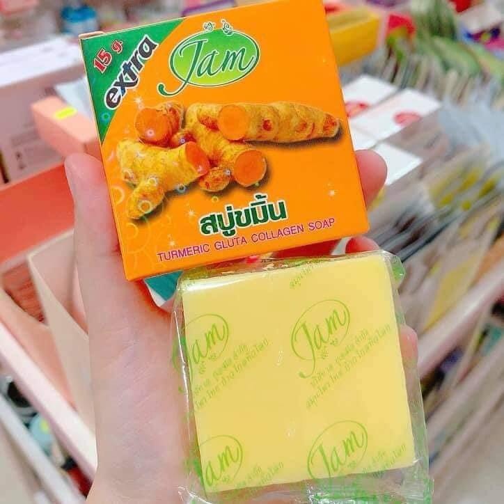 [Siêu Rẻ] sét 3 cục Xà phòng cám gạo/nghệ cam THAILAND JAM RICE MILK SOAP 50gr xà bông sữa, tinh chất gạo/nghệ cam trắng sáng da