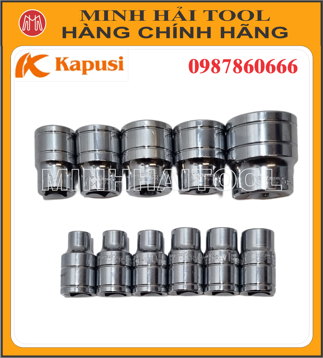 Kapusi Japan – Đầu típ lục giác ½” dài 38mm, cỡ 8mm-32mm. Model: K-6000 – K-6022. Chất liệu: Thép CR-V