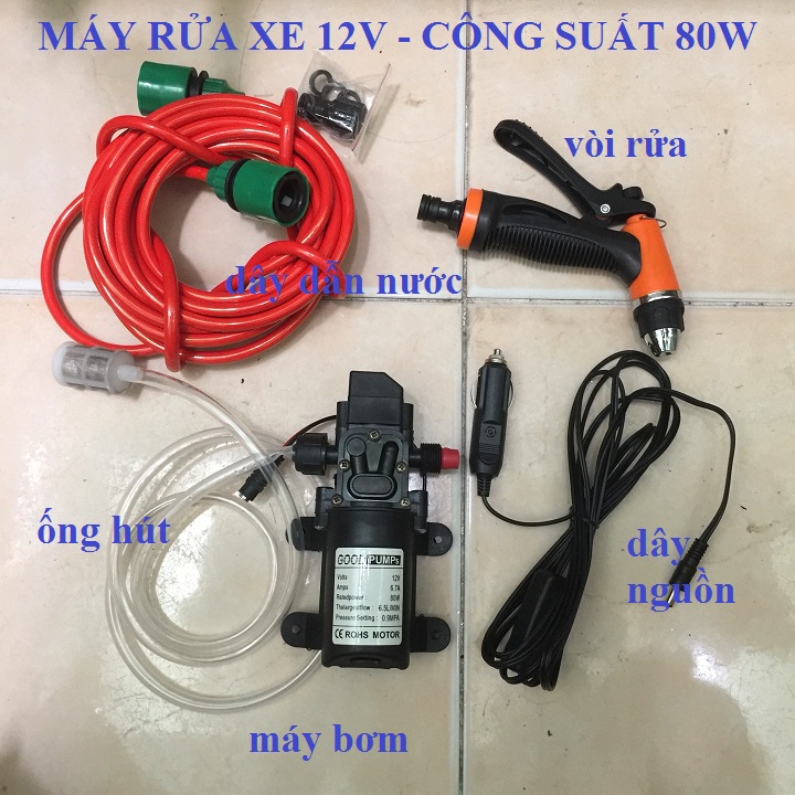 Máy bơm rửa xe tăng áp lực nước mini 12v - kèm tẩu cắm ô tô tiện lợi