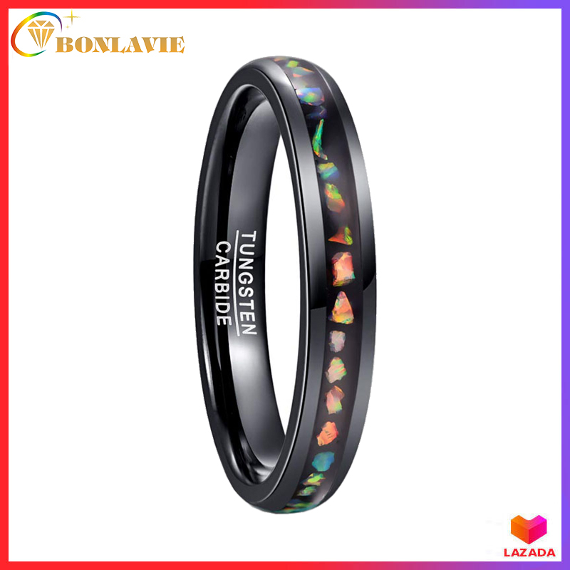 BONLAVIE 100% Real Tungsten Carbide Ring Crushed Fire Opal Men Women Black Dome Wedding Ring rings for women