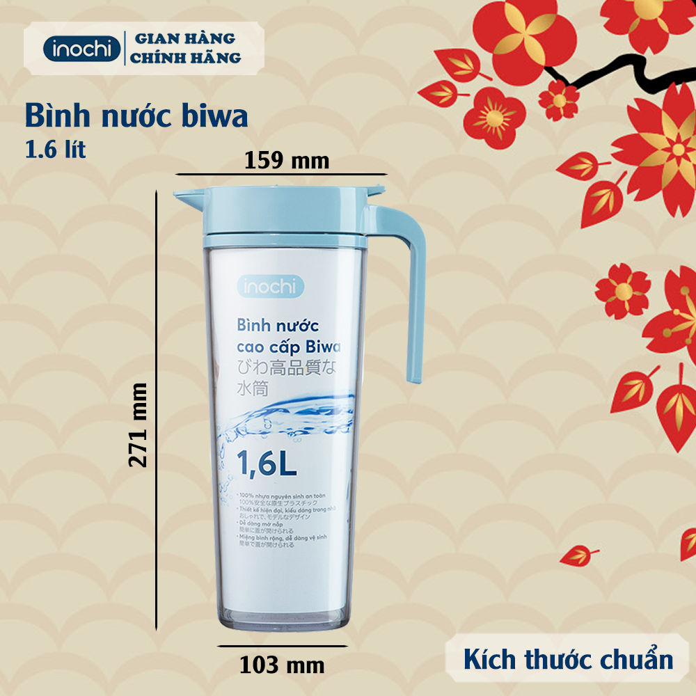 Bình nước - bình đựng nước uống cao cấp Biwa inochi 1,2L 1.6L An toàn cho sức khoẻ với khả năng kháng khuẩn và thiết kế trang trọng