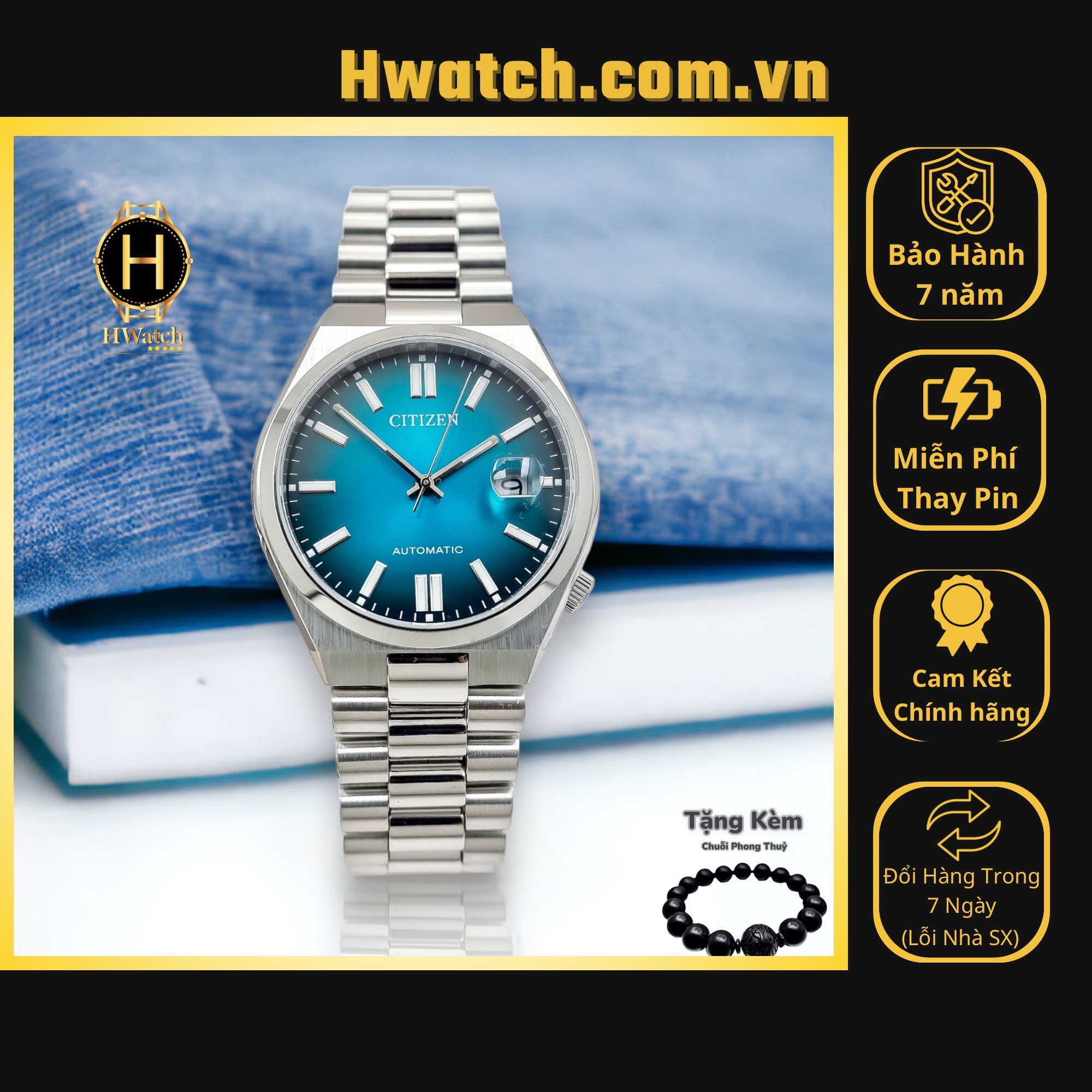 Đồng hồ nam citizen automatic nj0151-88x dây sắt bạc mặt xanh lam sapphire