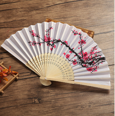Quạt gấp xương tre hoa mận cầu vòng phong cách nhật decor đạo cụ chụp hình múa hát