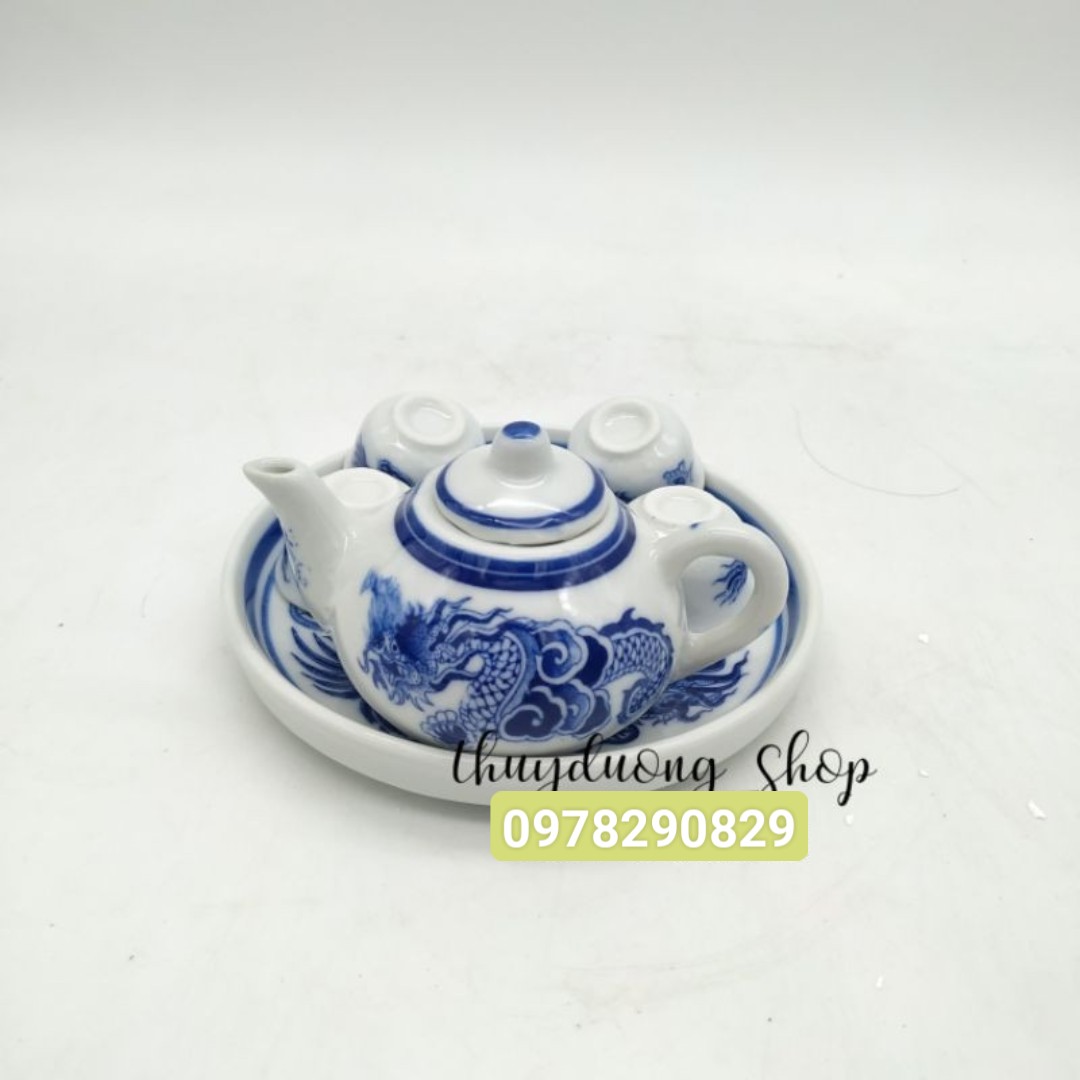 Bộ ấm trà thờ men lam bát tràng cỡ to