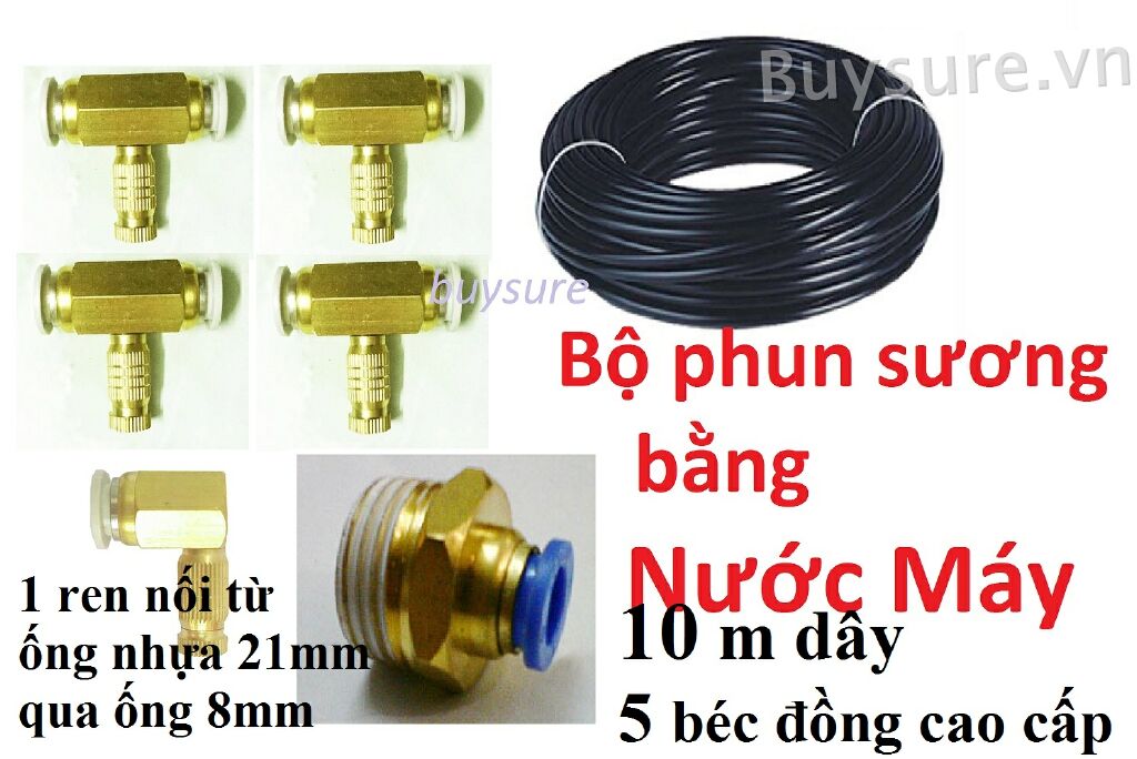Bộ 5 béc phun sương+ 10m dây ĐL dùng nước máy + Ren 21/8